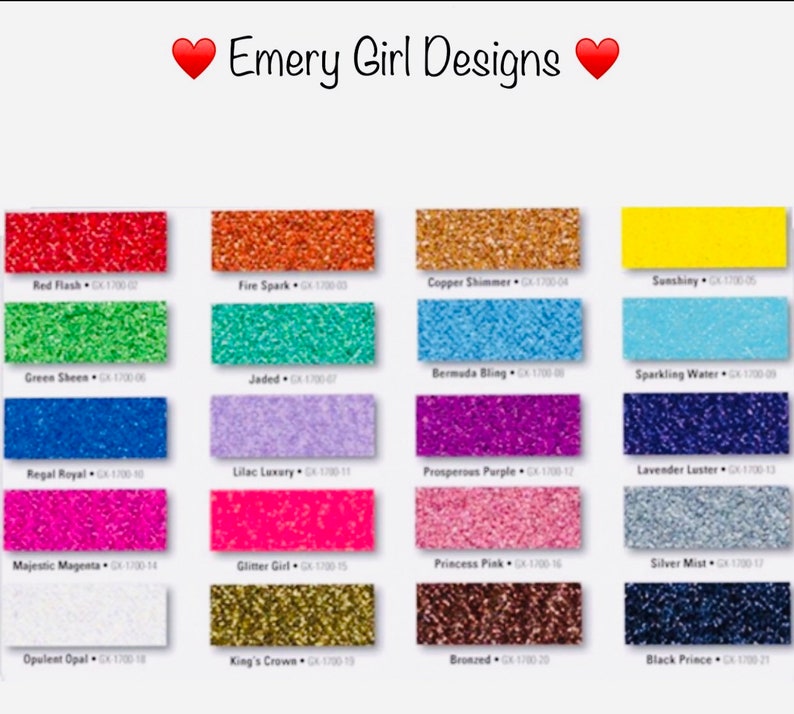 Puede incluir: Una tabla de 20 colores de purpurina diferentes con sus nombres y n&uacute;meros correspondientes. Los colores incluyen rojo, verde, azul, morado, rosa, amarillo, naranja, marr&oacute;n, negro, blanco y plateado.