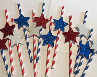 Red White Blue Paper Straws: Glitter Star July 4th Party Decor