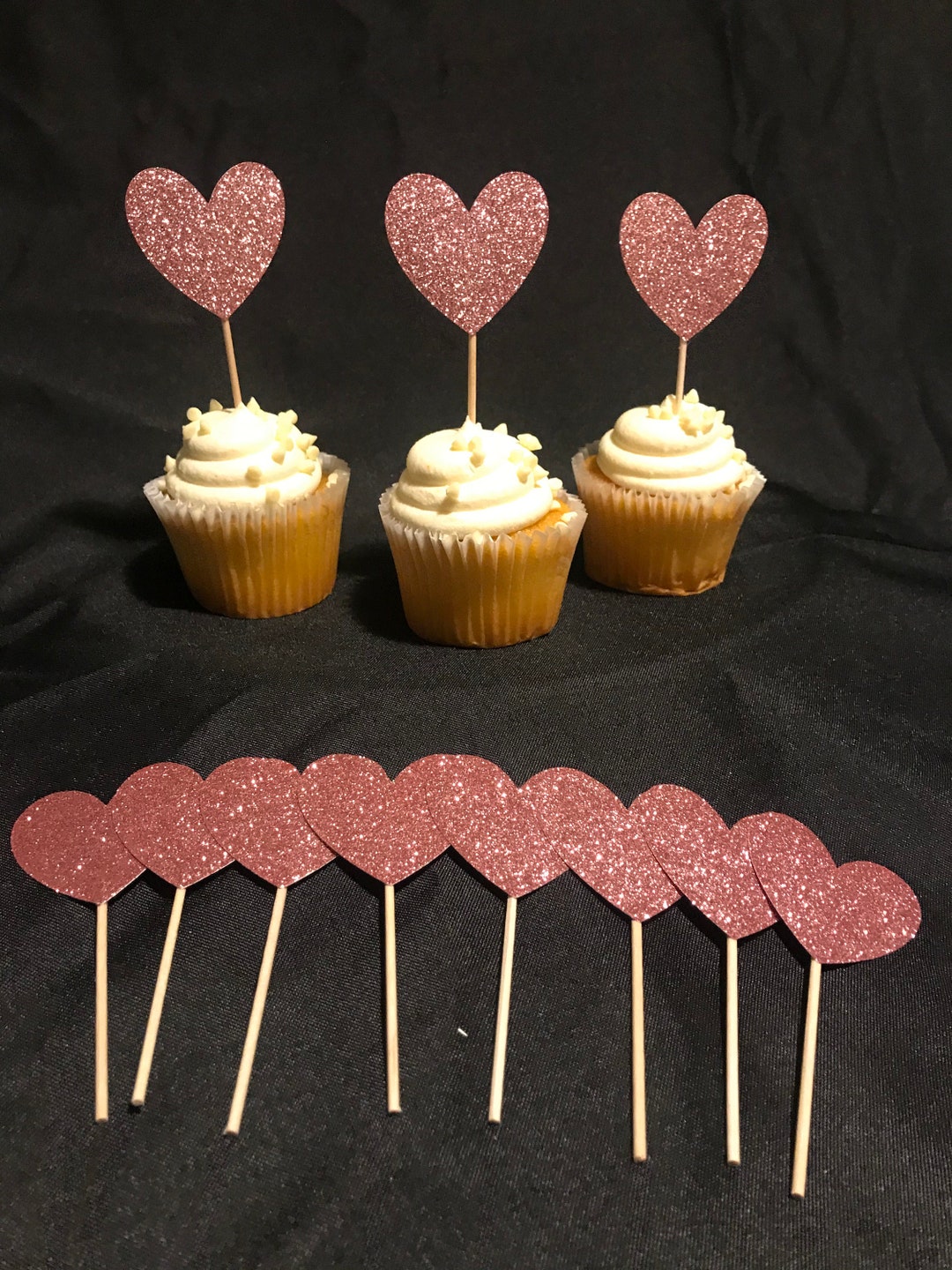 Cupcake Topper, Pink Glitter Heart Cupcake Topper, Birthday Party Decor, Sweet 16 Decoration ...