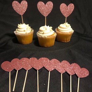 Pink Glitter Heart Cupcake Toppers: Birthday Party Decorations (Set of 12)
