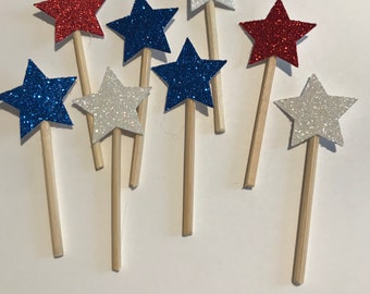 4th of July Cupcake Toppers: Red, White, and Blue Glitter Stars