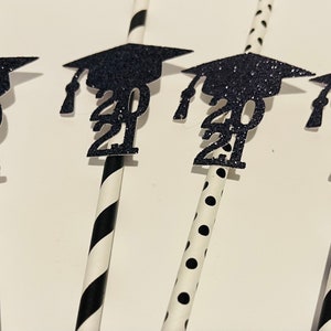 2025 Graduation Party Straws: Glitter Cap Toppers, Striped Paper Straws (Set of 12)