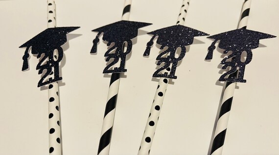 2025 Graduation Party Straws: Glitter Cap Toppers, Striped Paper Straws (Set of 12)