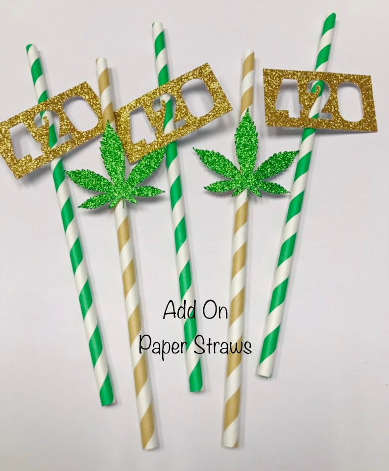 420 Party Bundle, Green Glitter Leaf Garland, Confetti, Shot Glasses Bundle & Straws