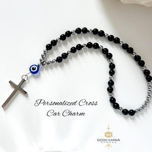 KHGUZ Bling Car Rosary For Rearview Mirror - Evil Eye Beads, Cross Charm, Crystal Rhinestone Auto Ornament