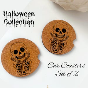 Halloween Collection | Set of 2 Engraved Cork Cup Holder Inserts | Spooky Fun Car Accessories