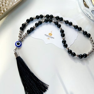 Black Onyx Evil Eye Car Beaded Charm | Mala | Rear View Mirror Charm | Car Accessories | Tasbih | Greek Mati | Turkish Nazar | Car Hanging
