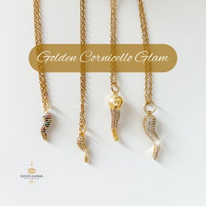 Gold Italian Horn Necklace, Cornicello Necklace for Good Luck and Protection, Malocchio Pendant Italian Good Luck Charm, Gift for Her