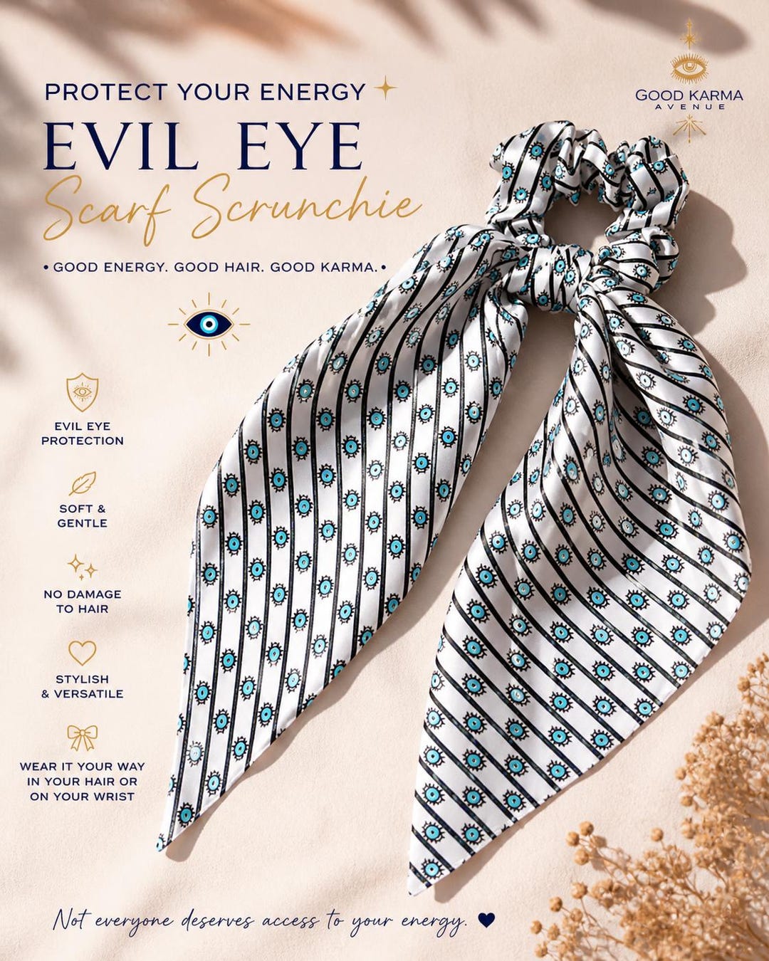 Evil Eye Silk Scarf Scrunchie – Hamsa Hand Satin Hair Tie, Gift for Her ...