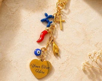 Protection Charm Keychain | Red Cornicello, Evil Eye, Mano | Custom Engraved Heart | Spiritual Gift for Her Bag