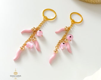 Pink Cornicello Keychain Italian Horn Keyring Protective Amulet Evil Eye Keychain and Bag Charm