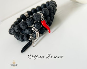 Black Lava Cornicello Bracelet, Italian Horn Bracelet, Black Beaded Men Bracelet, Cornetto Charm, Italian Gift For Him, Diffuser Bracelet