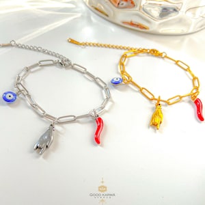 Italian Horn Bracelet, Italian Lucky Charm Bracelet, Italian Protection Jewelry, Cornicello Mano Cornuto Charms, Evil Eye Bracelet