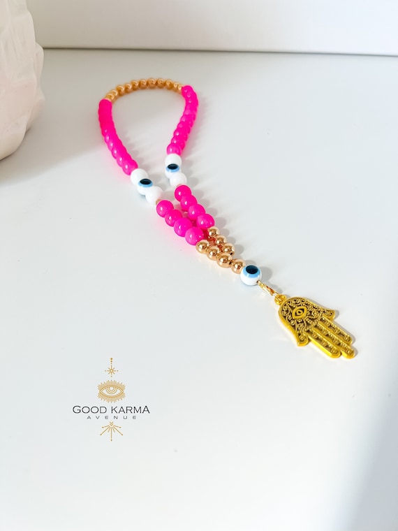 Pink Hamsa Hand Evil Eye Car Charm, Hand of Fatima Car Hanging