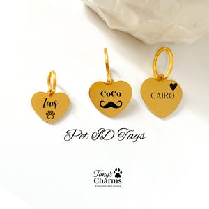 Personalized Heart Pet ID Tag: Engraved Gold Stainless Steel Dog Cat Collar Charm