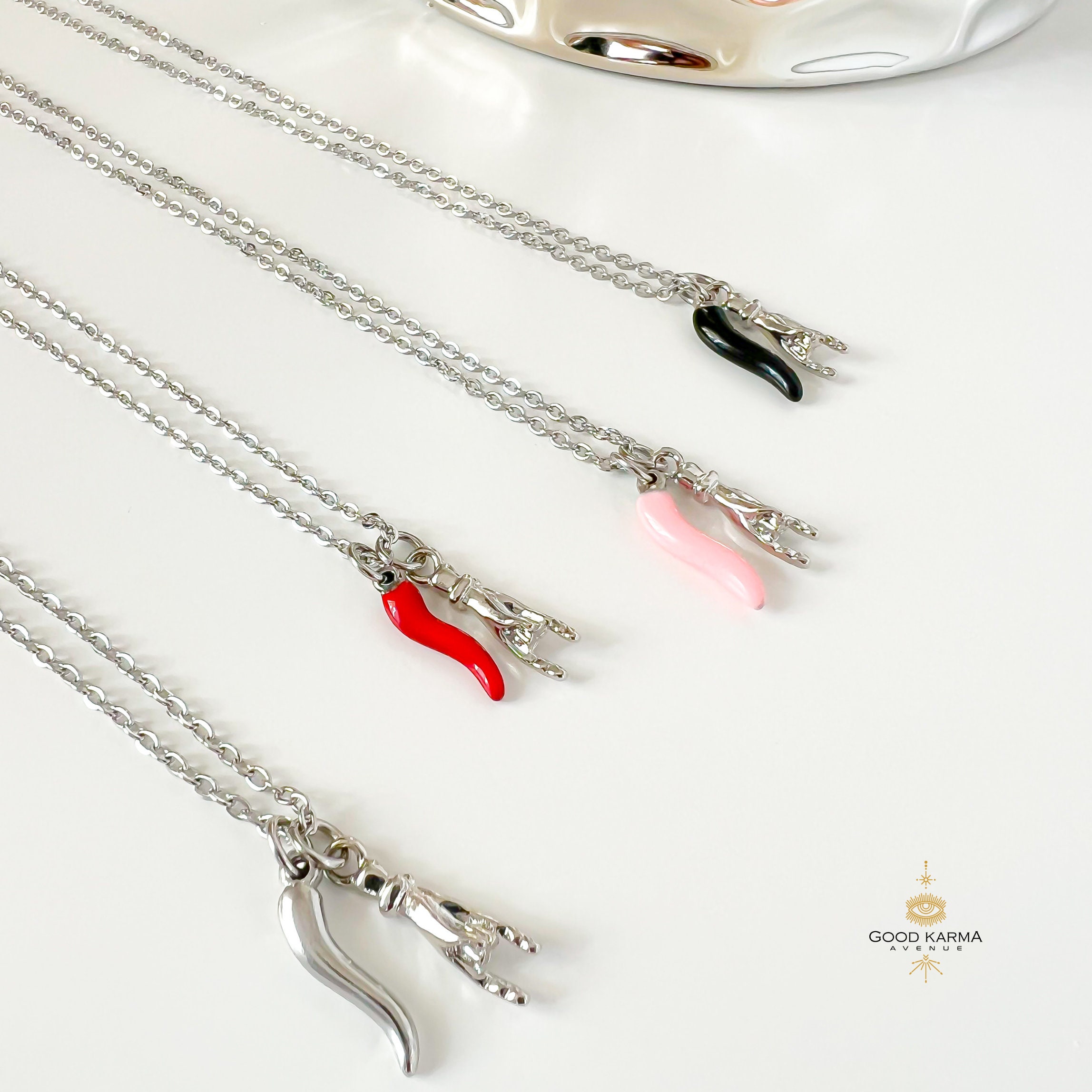 Silver Italian Horn Necklace, Cornicello Necklace for Good