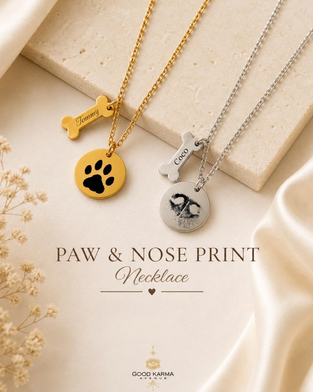 Personalized Paw Print Necklace, Custom Pet Paw or Nose Print Necklace ...