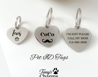 Personalized Heart Pet ID Tag: Engraved Stainless Steel Dog Cat Collar Charm