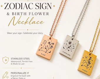 Zodiac Sign Necklace, Birth Flower Necklace, Customized Birthday Gift, Celestial Necklace, Zodiac constellation, Astrology Inspired Necklace