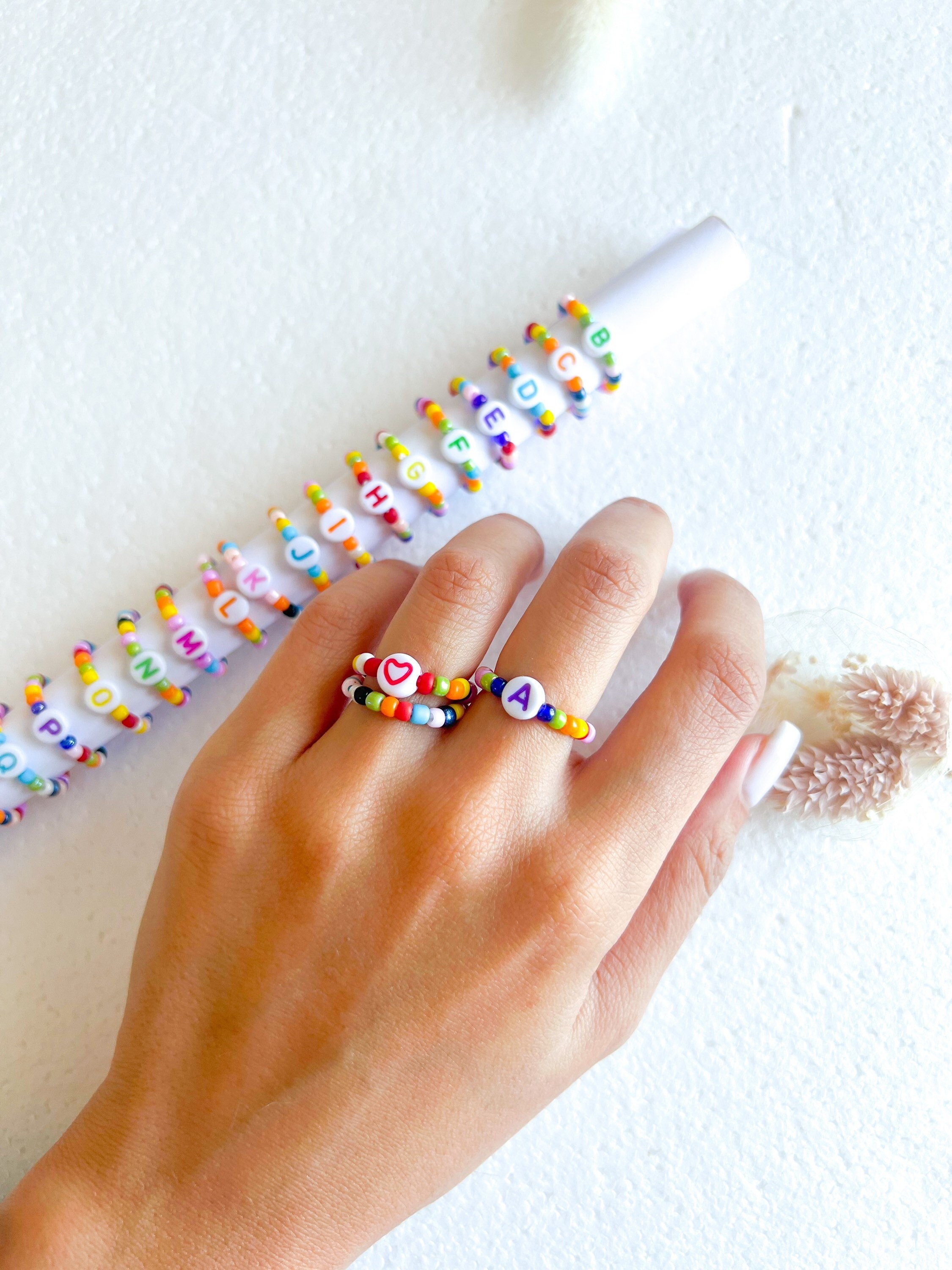 Initial Beaded Ring Stretchy One Size Ring Elastic Ring