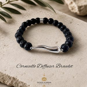 Cornicello Diffuser-armband, italienskt hornarmband, svart lavapärlarmband för män, Cornetto-berlock, italiensk present till honom