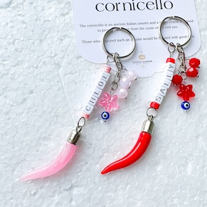 Personalized Cornicello Keychain Italian Horn Keyring Protective Amulet Evil Eye Keychain and Bag Charm Personalized Name Keychain