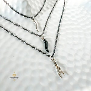 Black Chain Italian Horn Necklace, Cornicello Necklace for Good Luck and Protection, Mano Cornuto Pendant Italian, Silver Cornicello