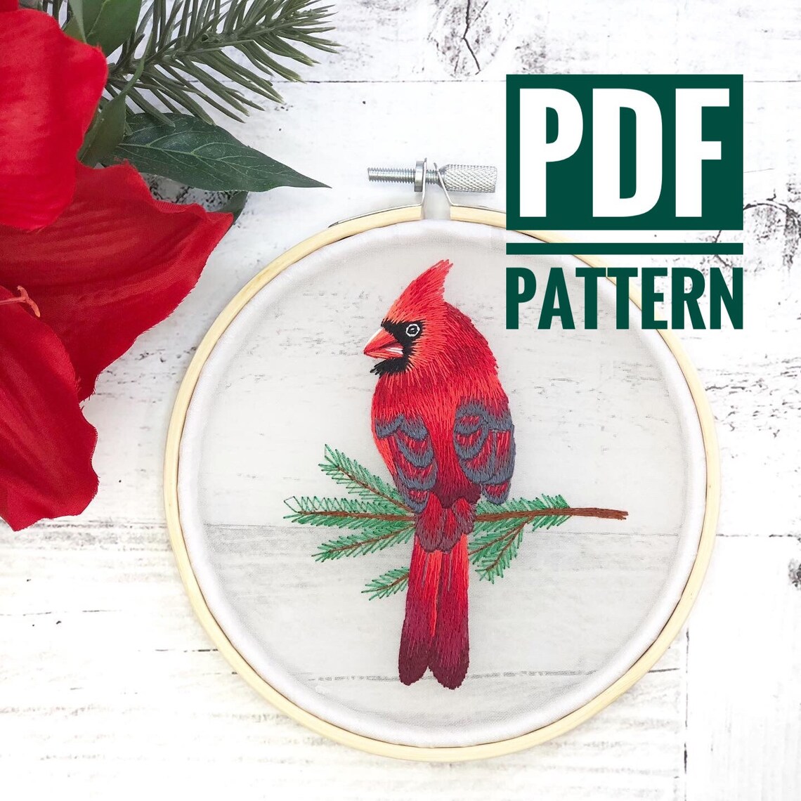 Digital hand embroidery a red cardinal bird pattern Instant Etsy
