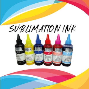 May include: Six bottles of sublimation ink in different colours: black, yellow, cyan, magenta, light magenta, and light cyan. Each bottle has a label with the colour name and "Sublimation Ink" printed on it.