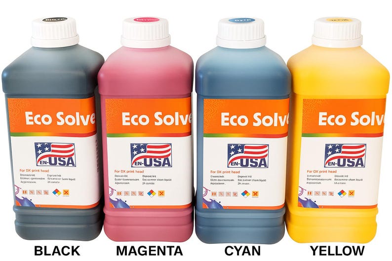 EN-USA Eco Solvent Ink for use in Roland Mimaki Mutoh printhead DX4 DX5 DX6 DX7 DX8 DX9 DX10 DX11 XP600 4 liters imagem 1
