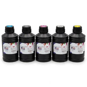 May include: Five black plastic bottles containing UV curable LED ink, each topped with a screw cap labeled C, K, M, W, or Y. The white labels feature a colorful paint splatter design, the text UV CURABLE LED INK, and a small American flag icon.
