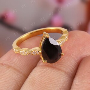 Black Onyx Pear Cut Engagement Ring Art Deco Black Onyx Ring Sterling Silver Ring Black Stone Engagement Ring Black Onyx Anniversary Ring