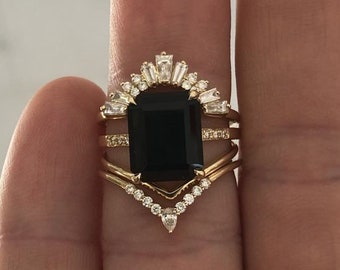 Emerald cut Black Onyx engagement ring set CZ diamond  Cluster Yellow Gold Ring Curved stacking matching band CZ band Bridal gift for Women