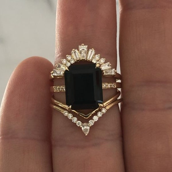 Emerald cut Black Onyx engagement ring set CZ diamond  Cluster Yellow Gold Ring Curved stacking matching band CZ band Bridal gift for Women