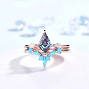 Kite cut alexandrite engagement Ring,Alexandrite wedding Ring,Arizona turquoise curved stacking band,Anniversary Gift for Women,promise ring