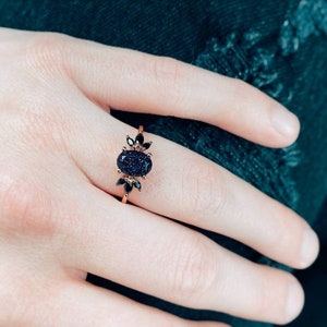 1.5ct Oval Cut Blue Sandstone Cluster Engagement Rings Galaxy Starry Sky Ring Black Gemstone Ring Unique Handmade Proposal Gifts for Women