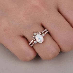 White Opal Engagement Ring Set, Rose Gold Rings for Women, Art Deco Stacking Band, Oval Cut Bridal Set, Unique Curved Wedding Band, Handmade