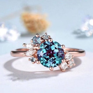 Alexandrite Ring,Rose Gold Vermeil,Engagement Ring,Alexandrite wedding Ring,Moissanite Diamond Ring,Anniversary Gift for Her,promise ring