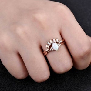 White Opal Engagement Ring Set, Rose Gold Rings for Women, Art Deco Stacking Band, Oval Cut Bridal Set, Unique Curved Wedding Band, Handmade