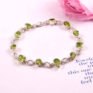 Natural Peridot Bracelet, Sterling Silver Bracelet, 5 Shape Gemstone Bracelet, Handmade Bracelet,  Boho & Hippie Jewelry, Gift Ideas