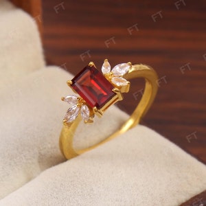 Red Garnet Engagement Ring Emerald Cut 14K Yellow Gold Engagement Ring Cluster Ring CZ Diamond Bridal Ring Promise Ring Anniversary Gift