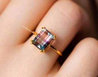 Natural Green and Purple Fluorite Ring, solitaire stacking genuine green and purple fluorite, unique natural fluorite, rainbow fluorite