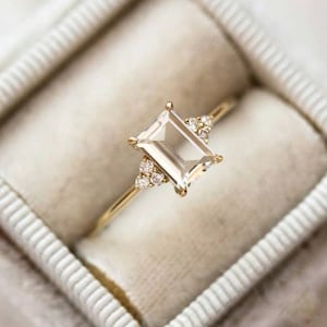 White Topaz Engagement Ring Emerald Cut 14K Yellow Gold Engagement Ring Cluster Ring CZ Diamond Bridal Ring Promise Ring