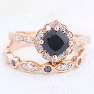 Cushion Cut Black Onyx Engagement Ring Set Solitaire Diamond Silver Wedding Ring Stacking Matching Band Bridal Halo Promise Ring Set