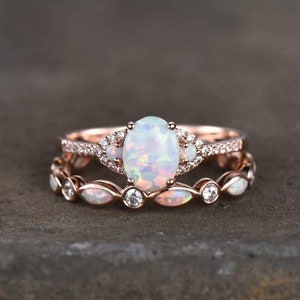 White Opal Engagement Ring Set, Rose Gold Rings for Women, Art Deco Stacking Band, Oval Cut Bridal Set, Unique Curved Wedding Band, Handmade