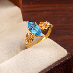 Swiss blue topaz ring, marquise cut blue gemstone, sterling silver halo ring everyday ring genuine statement ring vertical ring