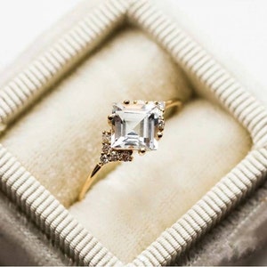 White Topaz Engagement Ring Square Cut 14K Yellow Gold Engagement Ring Cluster Ring CZ Diamond Bridal Ring Promise Ring