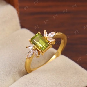 Peridot Engagement Ring Emerald Cut 14K Yellow Gold Engagement Ring Cluster Ring CZ Diamond Bridal Ring Promise Ring Anniversary Gift