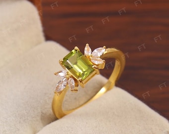 Peridot Engagement Ring Emerald Cut 14K Yellow Gold Engagement Ring Cluster Ring CZ Diamond Bridal Ring Promise Ring Anniversary Gift