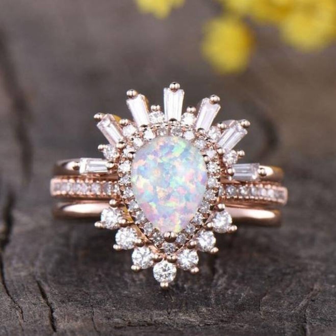 Matching Opsite Rings Opal Engagement Ring Opal 14k Rose Gold Ring Moissanite Diamond Curved ...